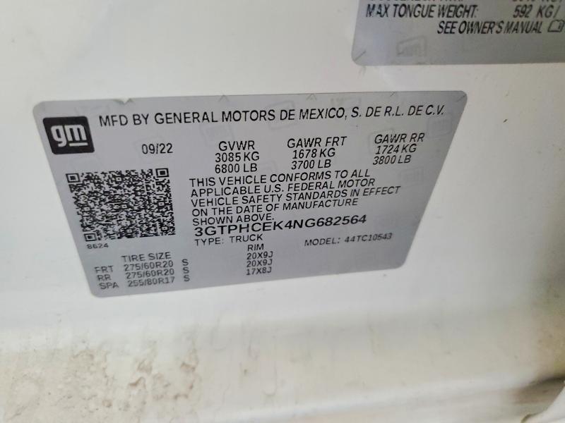 Aukcja sprzedaży 2022 Gmc Sierra, vin: 3GTPHCEK4NG682564, numer aukcji: 58152386