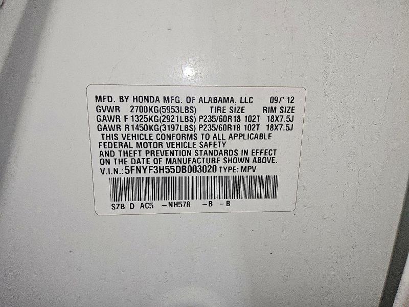 Aukcja sprzedaży 2013 Honda Pilot, vin: 5FNYF3H55DB003020, numer aukcji: 58217896