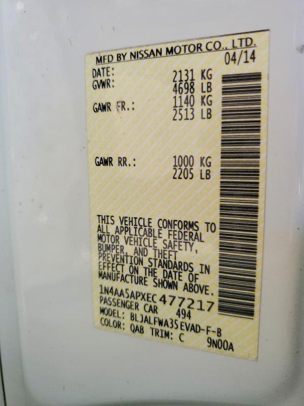 2014 Nissan Maxima მანქანა იყიდება აუქციონზე, vin: 1N4AA5APXEC477217, აუქციონის ნომერი: 58791836