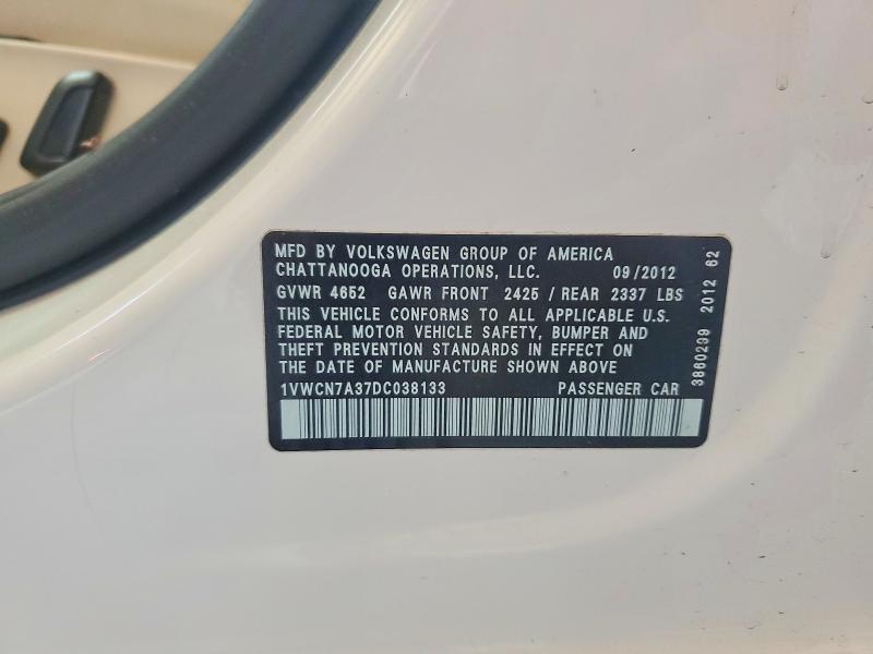 57579936 :رقم المزاد ، 1VWCN7A37DC038133 vin ، 2013 Volkswagen Passat مزاد بيع