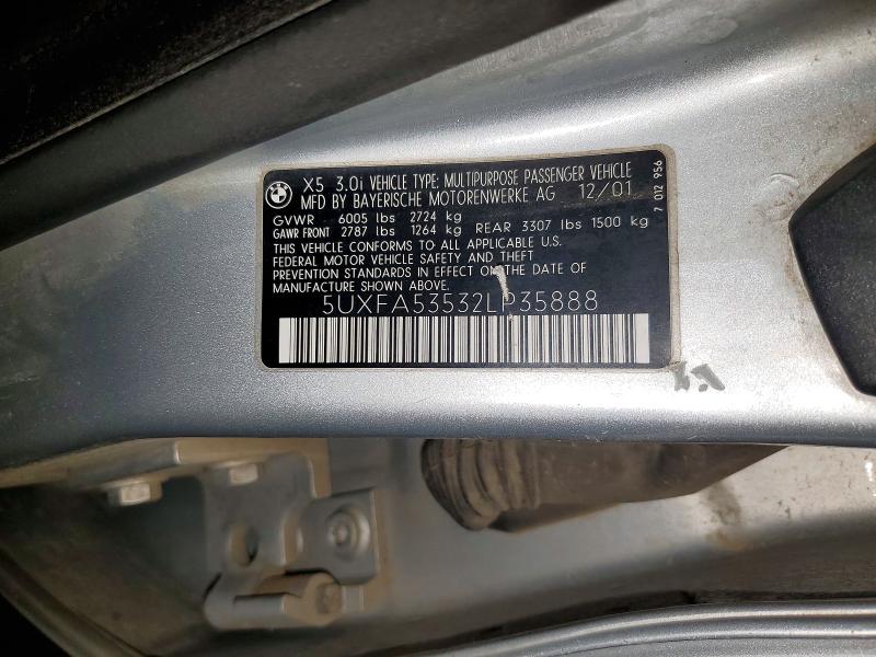 2002 Bmw X5 მანქანა იყიდება აუქციონზე, vin: 5UXFA53532LP35888, აუქციონის ნომერი: 56267306
