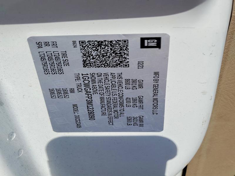 2021 Chevrolet Express G2500 მანქანა იყიდება აუქციონზე, vin: 1GCWGAFP3M1228090, აუქციონის ნომერი: 59923266