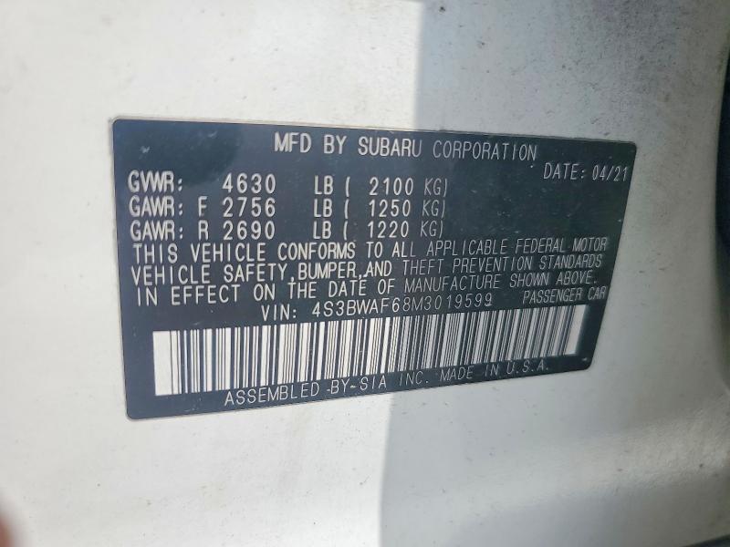 2021 Subaru Legacy მანქანა იყიდება აუქციონზე, vin: 4S3BWAF68M3019599, აუქციონის ნომერი: 57229406