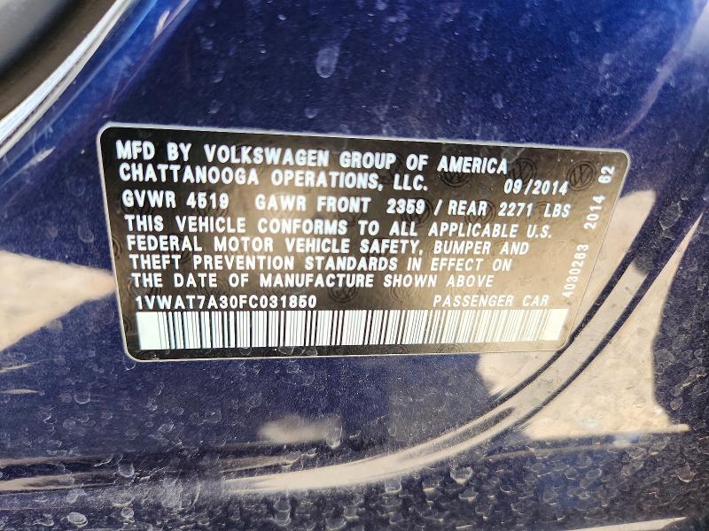 2015 Volkswagen Passat მანქანა იყიდება აუქციონზე, vin: 1VWAT7A30FC031850, აუქციონის ნომერი: 58298236