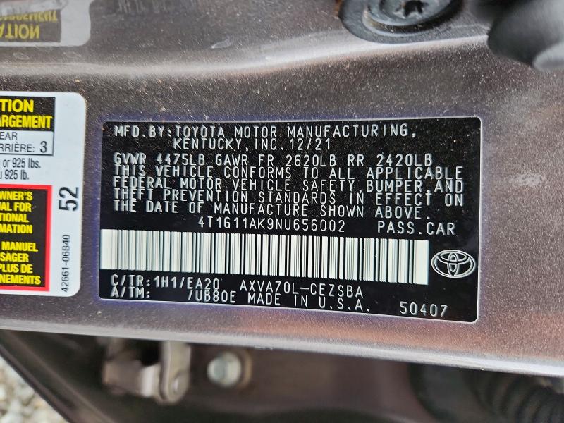 58711746 :رقم المزاد ، 4T1G11AK9NU656002 vin ، 2022 Toyota Camry مزاد بيع