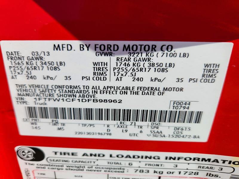 57576866 :رقم المزاد ، 1FTFW1CF1DFB98962 vin ، 2013 Ford F150 مزاد بيع