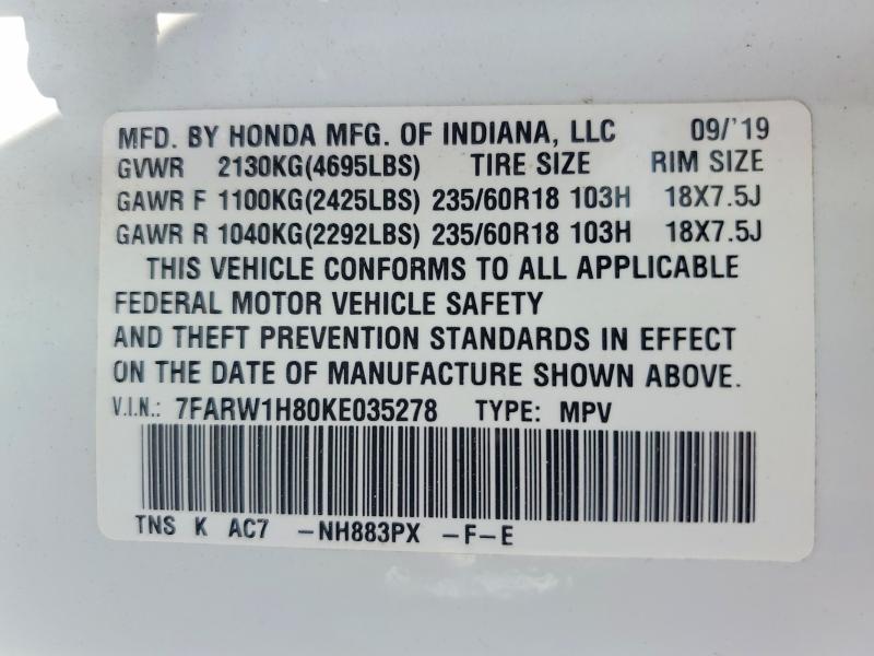 2019 Honda Cr-v მანქანა იყიდება აუქციონზე, vin: 7FARW1H80KE035278, აუქციონის ნომერი: 56767526