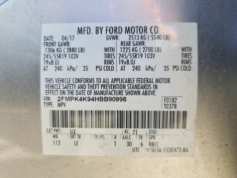 Продажа на аукционе авто 2017 Ford Edge, vin: 2FMPK4K94HBB90998, номер лота: 55310946