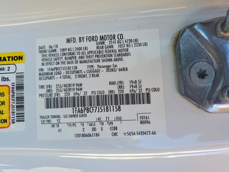 2018 Ford Mustang მანქანა იყიდება აუქციონზე, vin: 1FA6P8CF7J5181158, აუქციონის ნომერი: 57083866