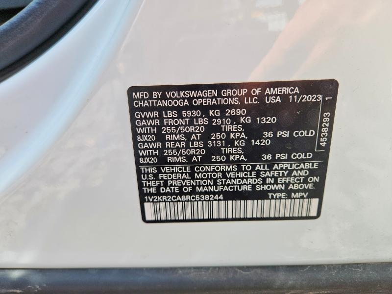 55878536 :رقم المزاد ، 1V2KR2CA8RC538244 vin ، 2024 Volkswagen Atlas مزاد بيع
