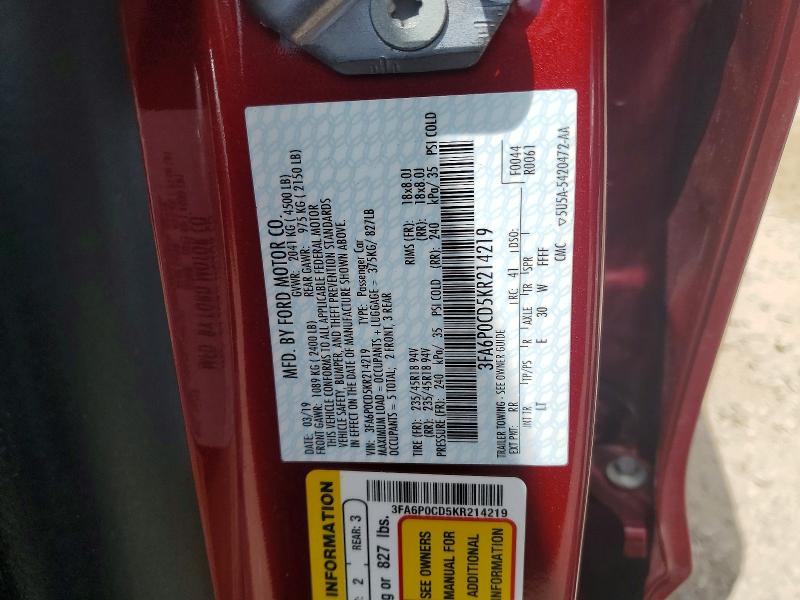 Продаж на аукціоні авто 2019 Ford Fusion, vin: 3FA6P0CD5KR214219, номер лоту: 58976426