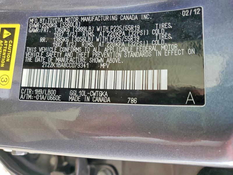 55791426 :رقم المزاد ، 2T2ZK1BA8CC079341 vin ، 2012 Lexus Rx مزاد بيع