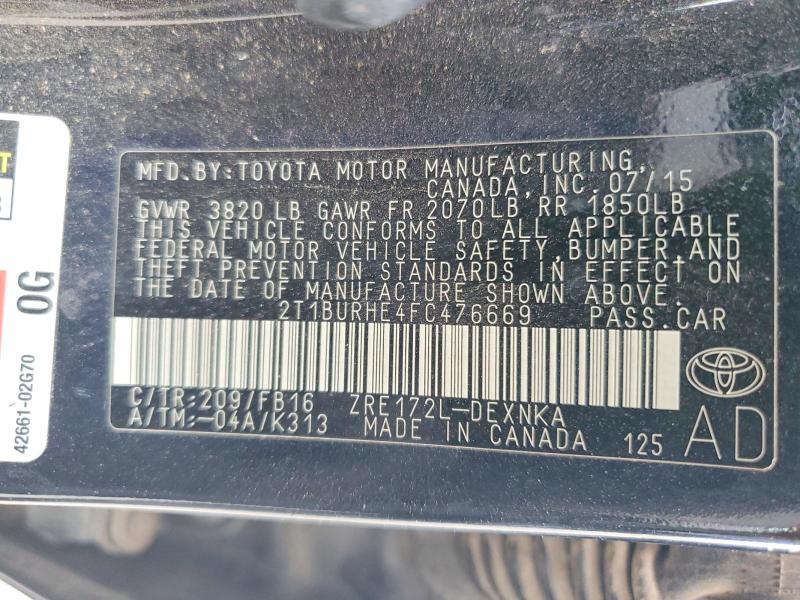 Aukcja sprzedaży 2015 Toyota Corolla, vin: 2T1BURHE4FC476669, numer aukcji: 58954496
