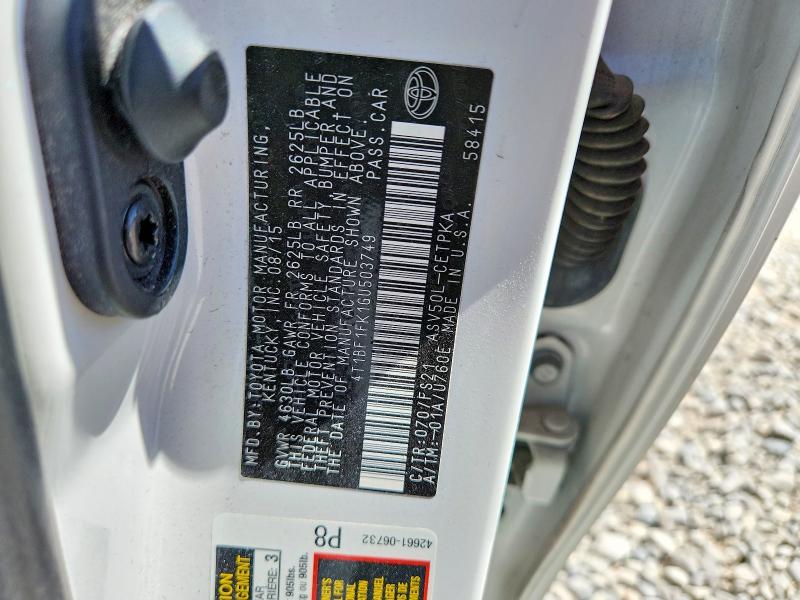 2016 Toyota Camry მანქანა იყიდება აუქციონზე, vin: 4T1BF1FK1GU503749, აუქციონის ნომერი: 56464966