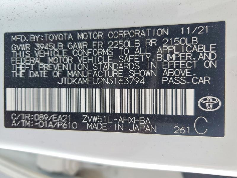 Aukcja sprzedaży 2022 Toyota Prius, vin: JTDKAMFU2N3163794, numer aukcji: 85622245