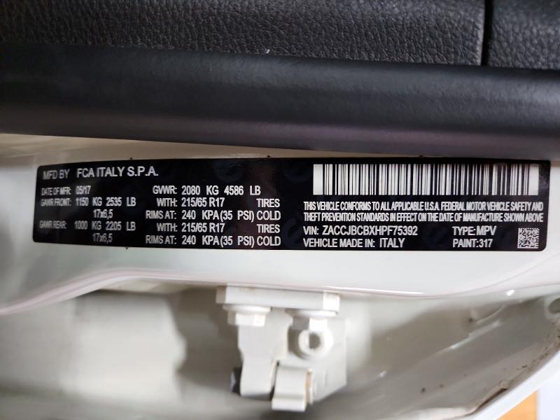 Продажа на аукционе авто 2017 Jeep Renegade, vin: ZACCJBCBXHPF75392, номер лота: 58120406