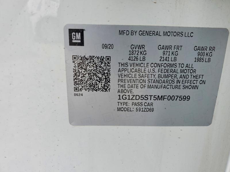 Aukcja sprzedaży 2021 Chevrolet Malibu, vin: 1G1ZD5ST5MF007599, numer aukcji: 56516546
