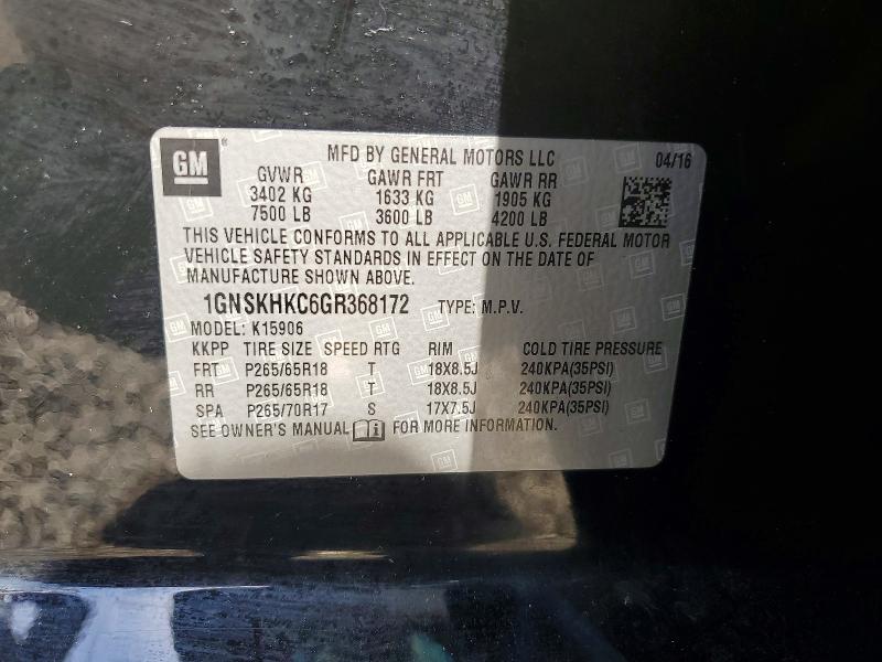 51921586 :رقم المزاد ، 1GNSKHKC6GR368172 vin ، 2016 Chevrolet Suburban مزاد بيع