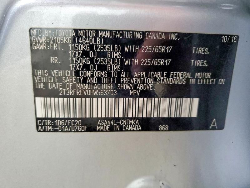 Продажа на аукционе авто 2017 Toyota Rav4, vin: 2T3RFREV0HW563703, номер лота: 58256416