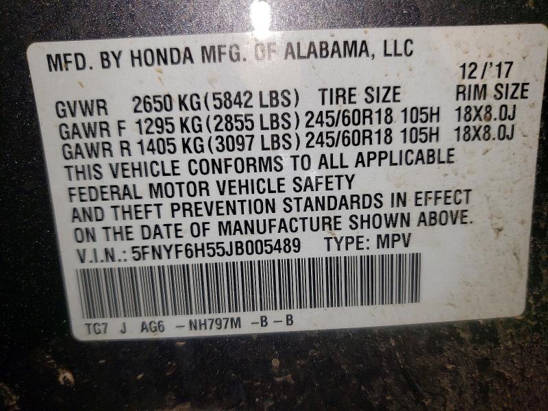 41634756 :رقم المزاد ، 5FNYF6H55JB005489 vin ، 2018 Honda Pilot مزاد بيع