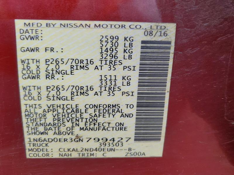 57922756 :رقم المزاد ، 1N6AD0ER3GN799427 vin ، 2016 Nissan Frontier مزاد بيع