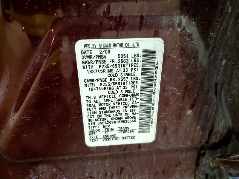2006 Nissan Murano მანქანა იყიდება აუქციონზე, vin: JN8AZ08W16W530555, აუქციონის ნომერი: 55402576