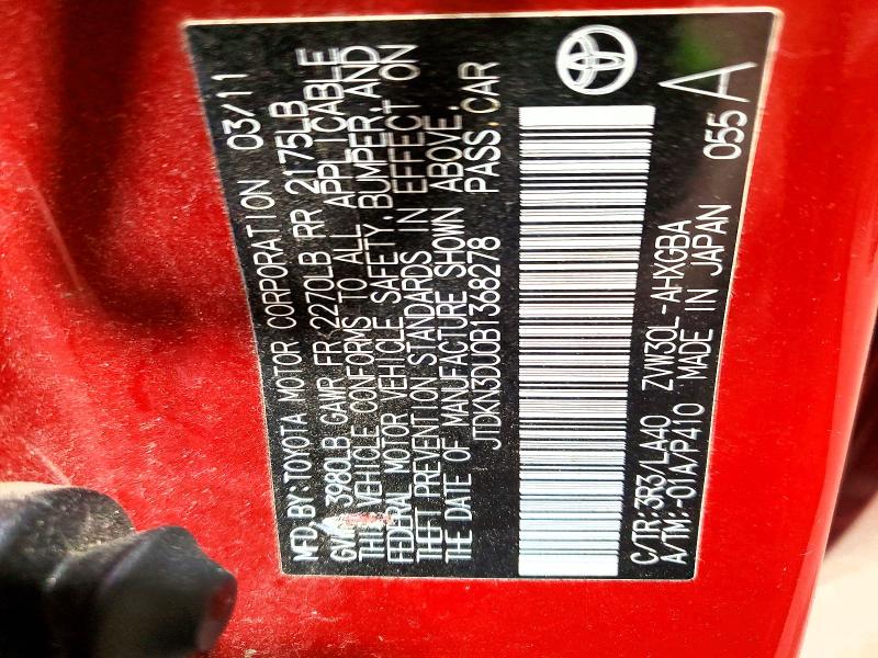 58269286 :رقم المزاد ، JTDKN3DU0B1368278 vin ، 2011 Toyota Prius مزاد بيع