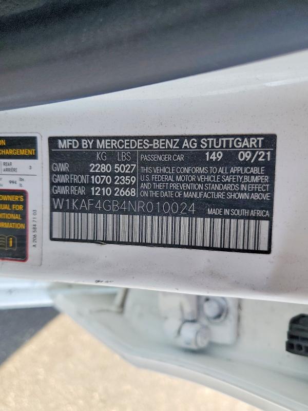 Aukcja sprzedaży 2022 Mercedes-benz C, vin: W1KAF4GB4NR010024, numer aukcji: 56674906