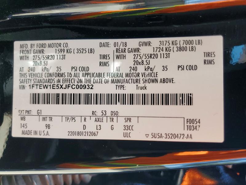 Продаж на аукціоні авто 2018 Ford F150, vin: 1FTEW1E5XJFC00932, номер лоту: 57328476