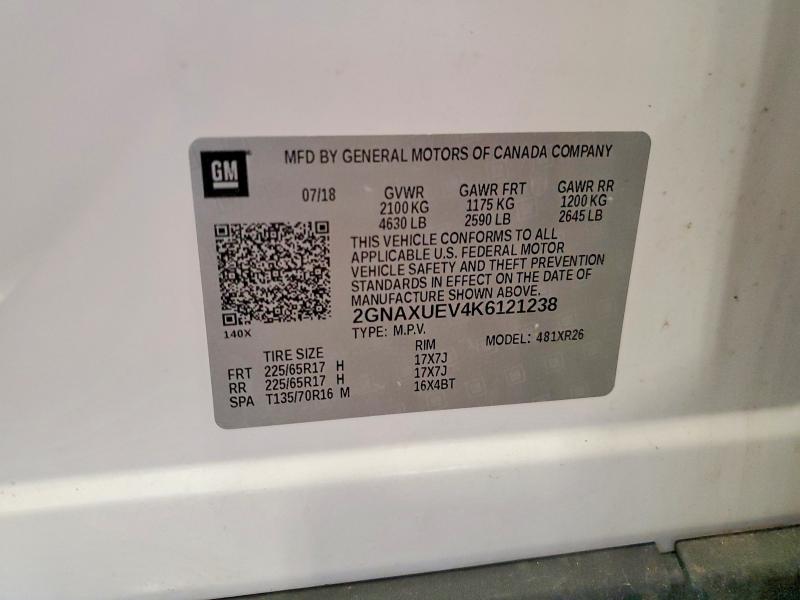 2019 Chevrolet Equinox მანქანა იყიდება აუქციონზე, vin: 2GNAXUEV4K6121238, აუქციონის ნომერი: 54826986