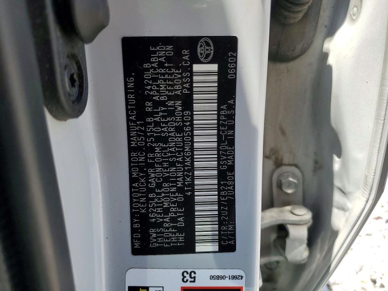 2021 Toyota Camry მანქანა იყიდება აუქციონზე, vin: 4T1KZ1AK6MU056409, აუქციონის ნომერი: 56184306