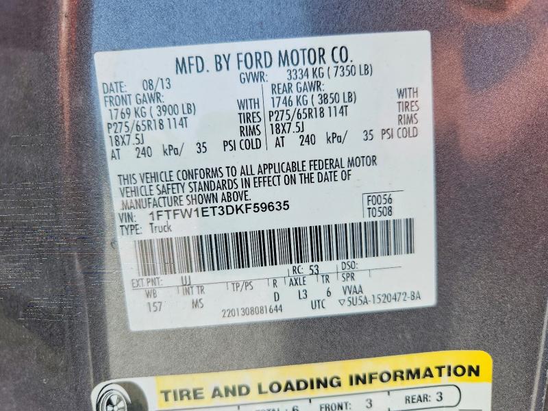 2013 Ford F150 მანქანა იყიდება აუქციონზე, vin: 1FTFW1ET3DKF59635, აუქციონის ნომერი: 57911776