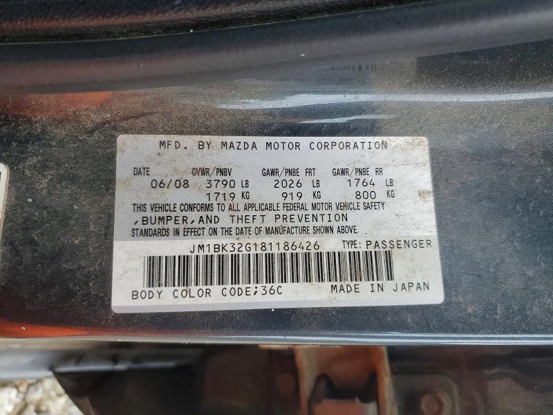 2008 Mazda 3 მანქანა იყიდება აუქციონზე, vin: JM1BK32G181186426, აუქციონის ნომერი: 58289996