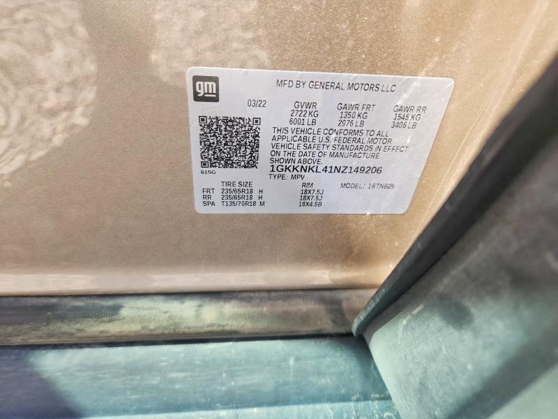 2022 Gmc Acadia მანქანა იყიდება აუქციონზე, vin: 1GKKNKL41NZ149206, აუქციონის ნომერი: 57882796
