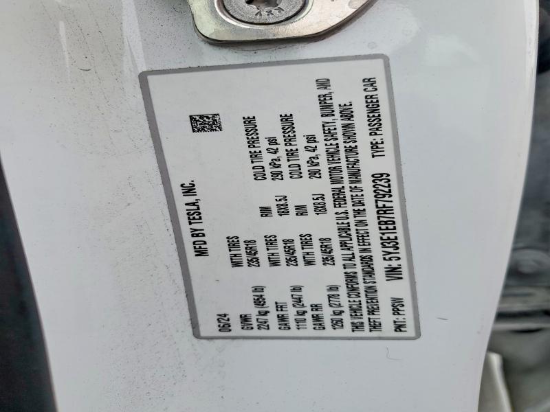 Продажа на аукционе авто 2024 Tesla Model 3, vin: 5YJ3E1EB7RF792239, номер лота: 58064486