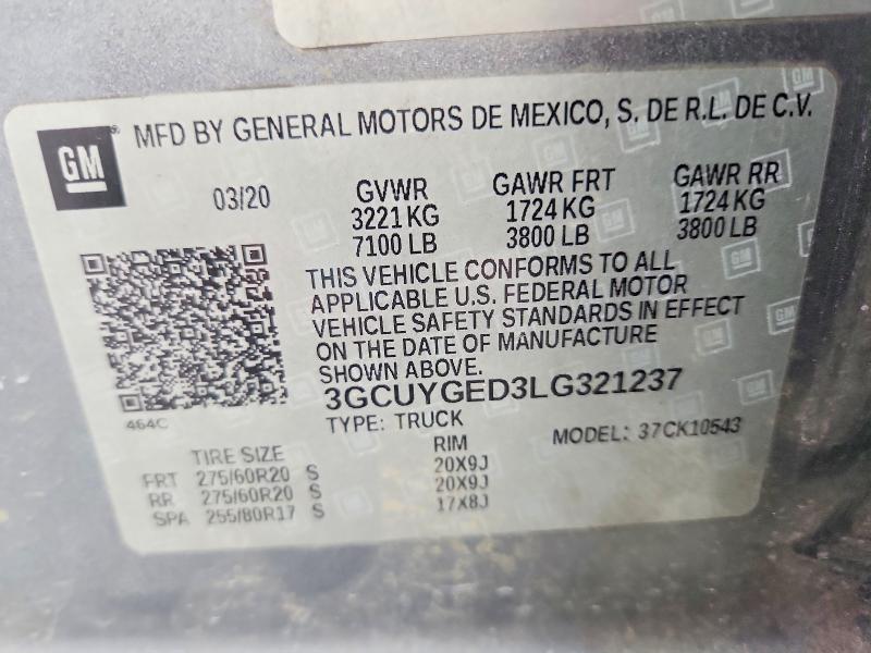 Aukcja sprzedaży 2020 Chevrolet Silverado, vin: 3GCUYGED3LG321237, numer aukcji: 57943866