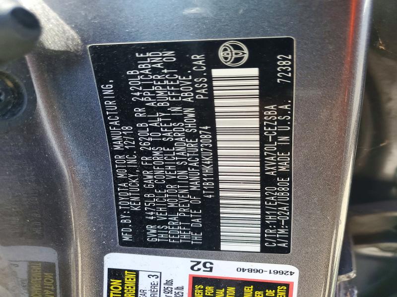2019 Toyota Camry მანქანა იყიდება აუქციონზე, vin: 4T1B11HK4KU730874, აუქციონის ნომერი: 54948986
