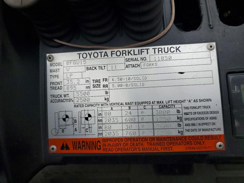 2001 Toyota 8fgu15 მანქანა იყიდება აუქციონზე, vin: 11850, აუქციონის ნომერი: 57729016