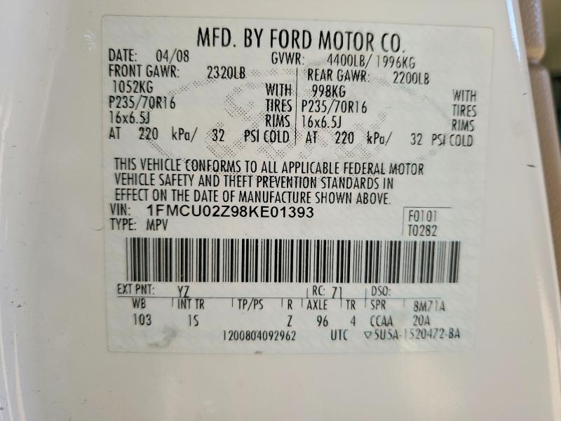2008 Ford Escape მანქანა იყიდება აუქციონზე, vin: 1FMCU02Z98KE01393, აუქციონის ნომერი: 58106036