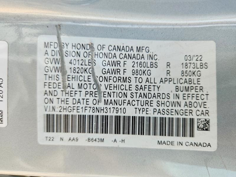 2022 Honda Civic მანქანა იყიდება აუქციონზე, vin: 2HGFE1F78NH317910, აუქციონის ნომერი: 56537016