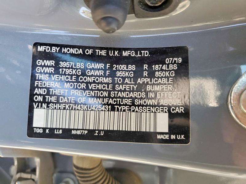 Продажа на аукционе авто 2019 Honda Civic, vin: SHHFK7H43KU425431, номер лота: 55246606