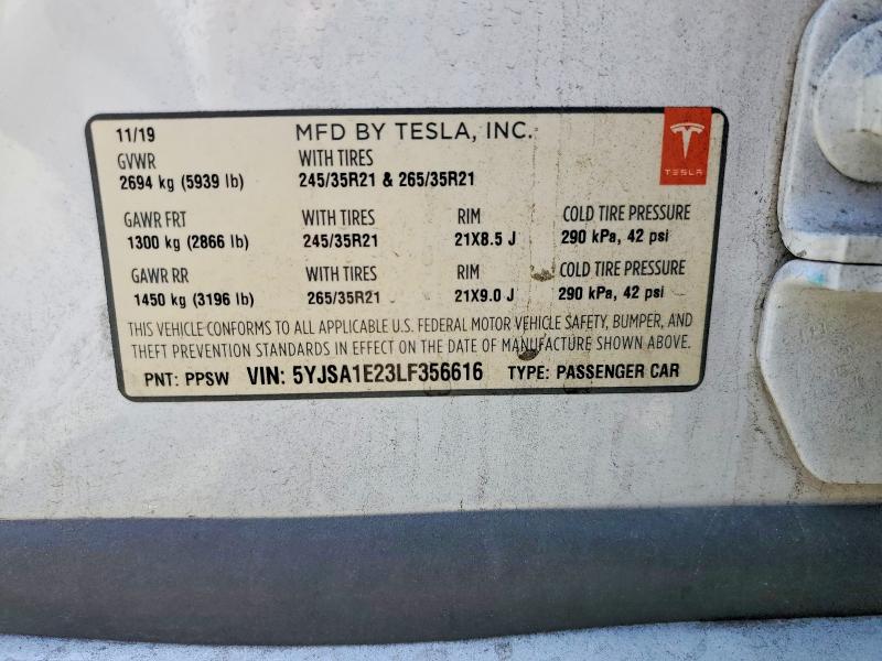 85975045 :رقم المزاد ، 5YJSA1E23LF356616 vin ، 2020 Tesla Model S مزاد بيع