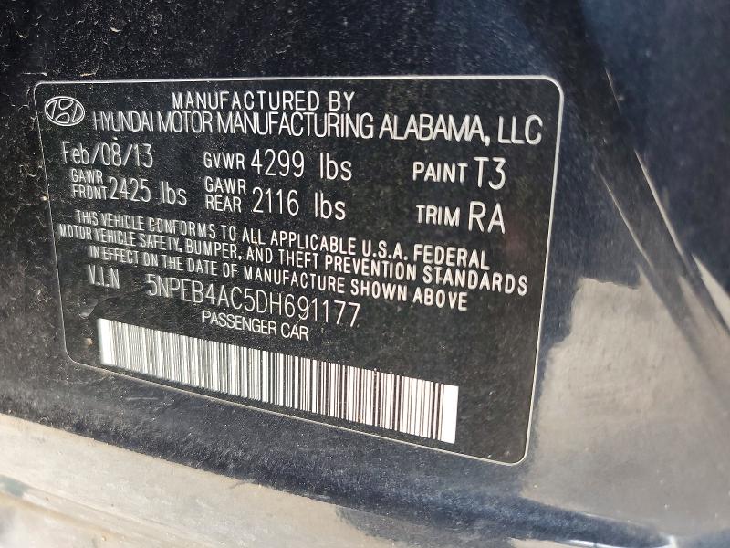 2013 Hyundai Sonata მანქანა იყიდება აუქციონზე, vin: 5NPEB4AC5DH691177, აუქციონის ნომერი: 57940026