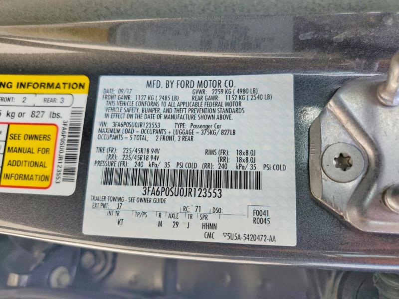 Продажа на аукционе авто 2018 Ford Fusion, vin: 3FA6P0SU0JR123553, номер лота: 57882956