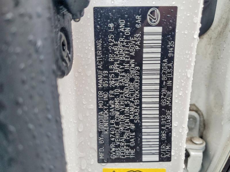 Aukcja sprzedaży 2019 Lexus Es, vin: 58ABZ1B12KU039179, numer aukcji: 55401156