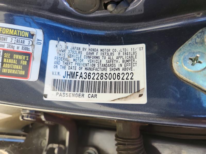 Aukcja sprzedaży 2008 Honda Civic, vin: JHMFA36228S006222, numer aukcji: 57534816