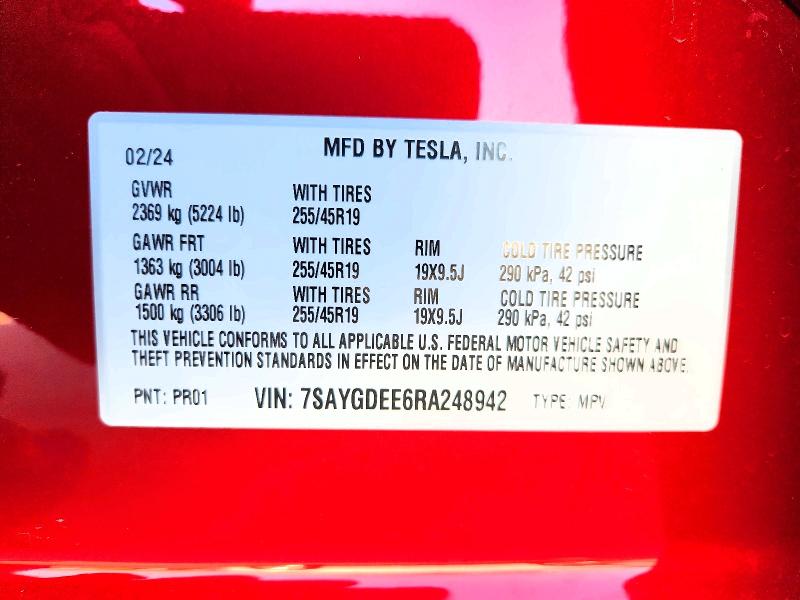 Aukcja sprzedaży 2024 Tesla Model Y, vin: 7SAYGDEE6RA248942, numer aukcji: 56295246