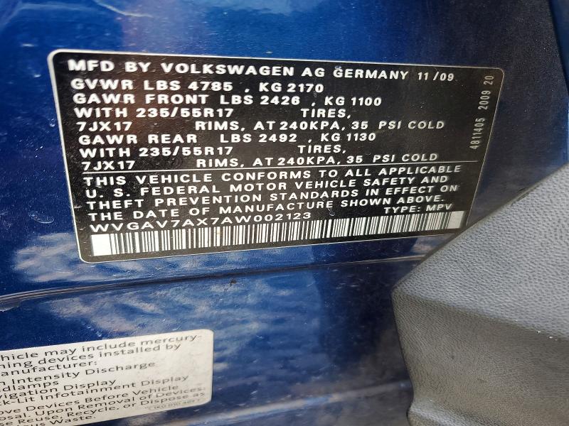 55627806 :رقم المزاد ، WVGAV7AX7AW002123 vin ، 2010 Volkswagen Tiguan مزاد بيع