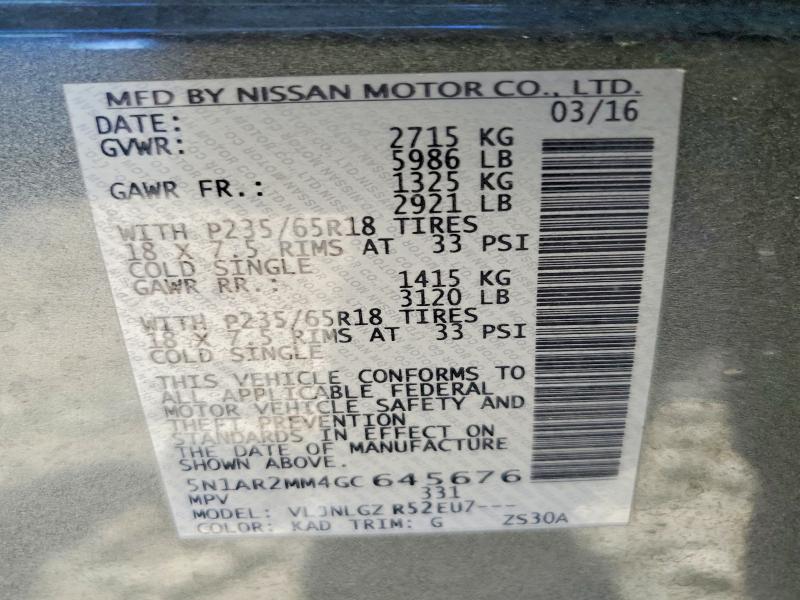 Продаж на аукціоні авто 2016 Nissan Pathfinder, vin: 5N1AR2MM4GC645676, номер лоту: 57293646
