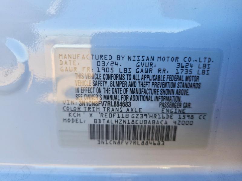 2024 Nissan Versa მანქანა იყიდება აუქციონზე, vin: 3N1CN8FV7RL884683, აუქციონის ნომერი: 55834356